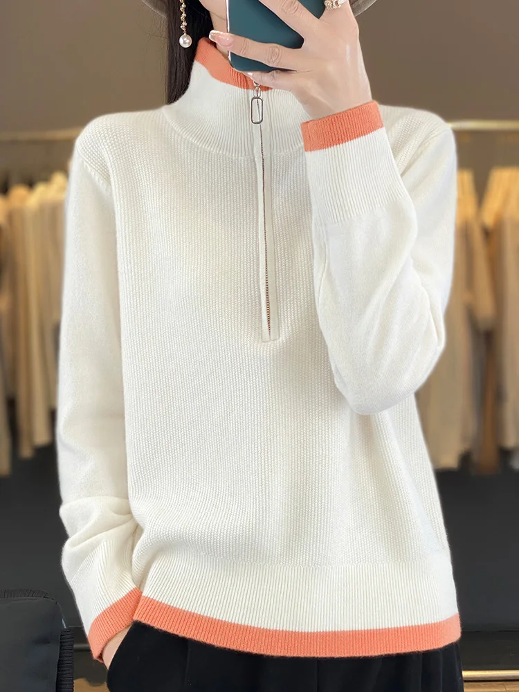 Fashion Women Zipper Mock-neck Pullover 100% Merino Wool Sweater Autumn Winter Casual Warm Color Knitwear Jumper Clothing