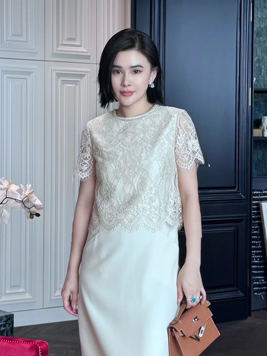 

Faionable Bla Lace Crop Top Women's round Ne Ele Aosphere Berlin Love Letter Sle Polyester ort Sve irt