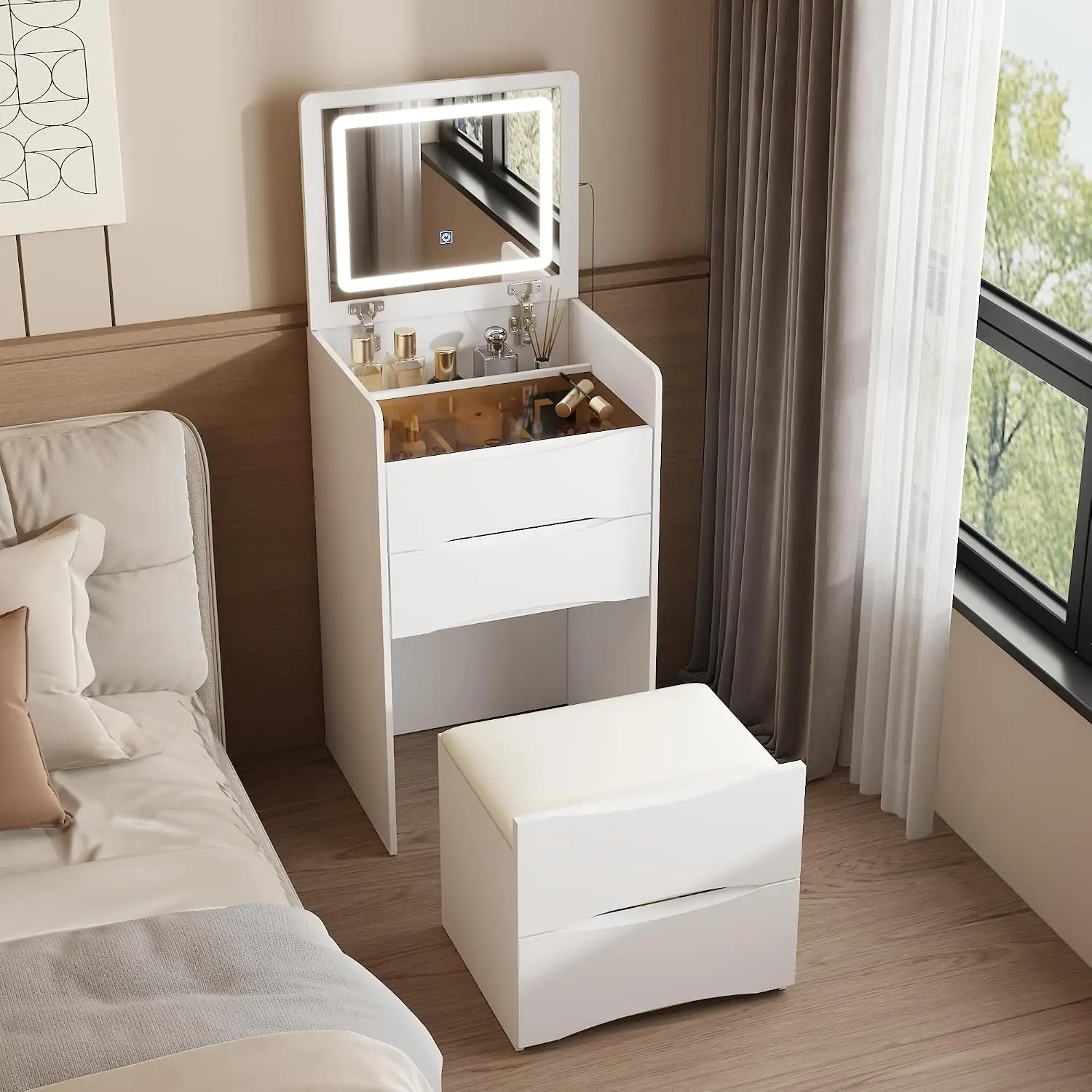 LED Vanity Desk with Flip Mirror, 3 Drawers, Stool & Shelf, Small Bedroom Makeup Table, 18.7