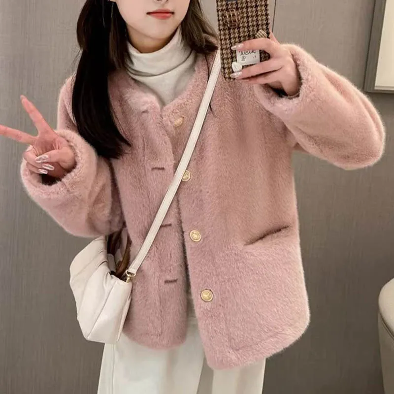 

Толстая верхняя одежда из искусственного меха норки, зимние теплые свободные топы Chaquetas с длинными рукавами, корейские модные однобортные однотонные куртки с круглым вырезом