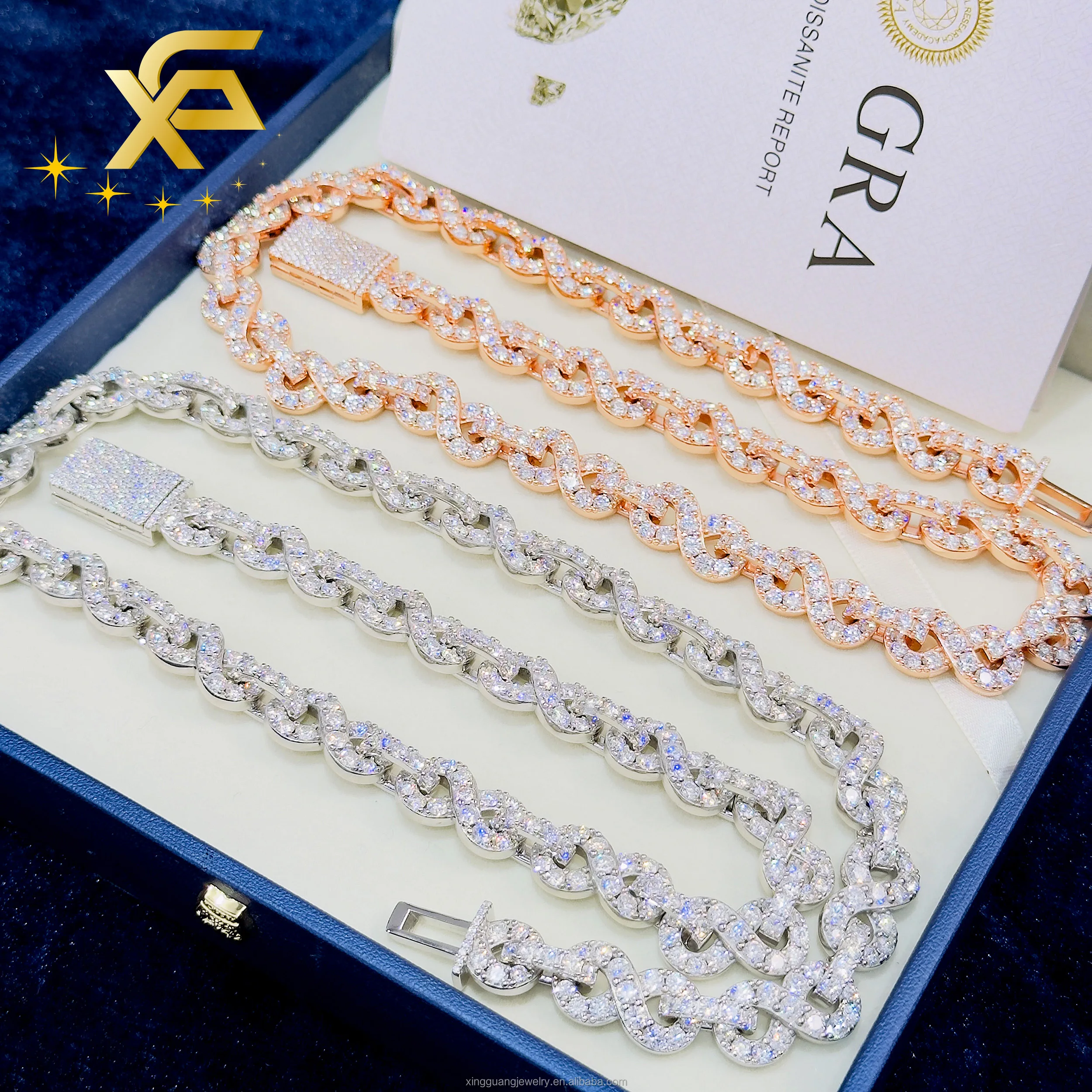 Rose Fashion Gold Chains 13mm Infinity Links GRA Round Moissanite 925 Sterling Silver Cuban Chains Hip Hop Men's Jewelry.