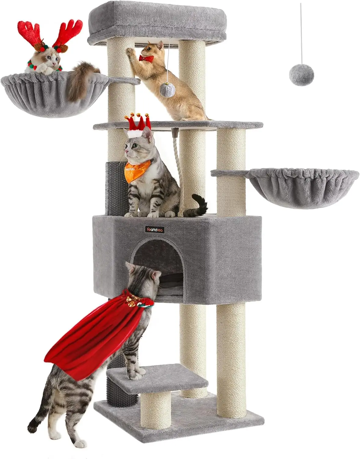 

Cat Tree for Large Cats, 63-Inch Heavy-Duty Cat Tower with Self-Warming Pads, 2 Self-Groomers, 9 Scratching Posts