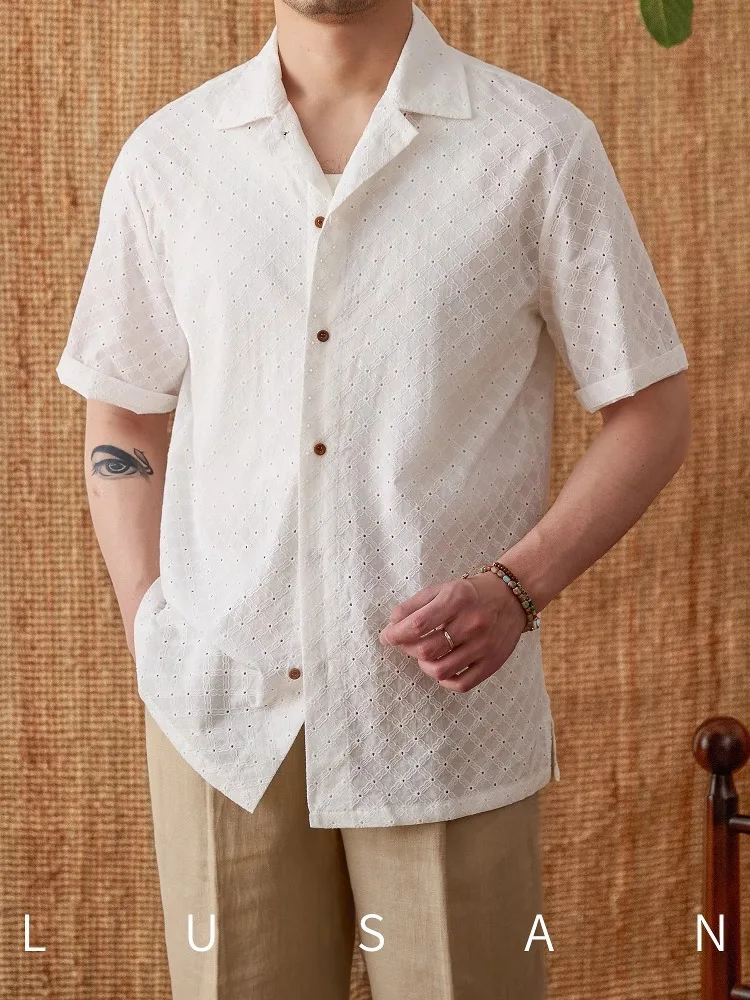 

Men's Pure Cotton Cuban Collar Shirt - Summer Breathable Short Sleeve Lace Jacquard Casual Vacation Wear