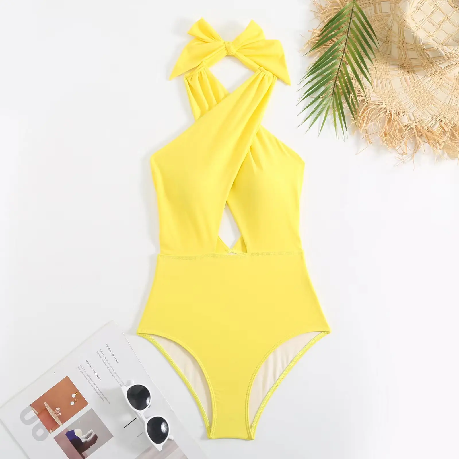 Vestido de bikini con cuello Halter amarillo brillante, espalda cruzada, estampado vintage, vestido cruzado a la cadera, ropa de playa, traje de