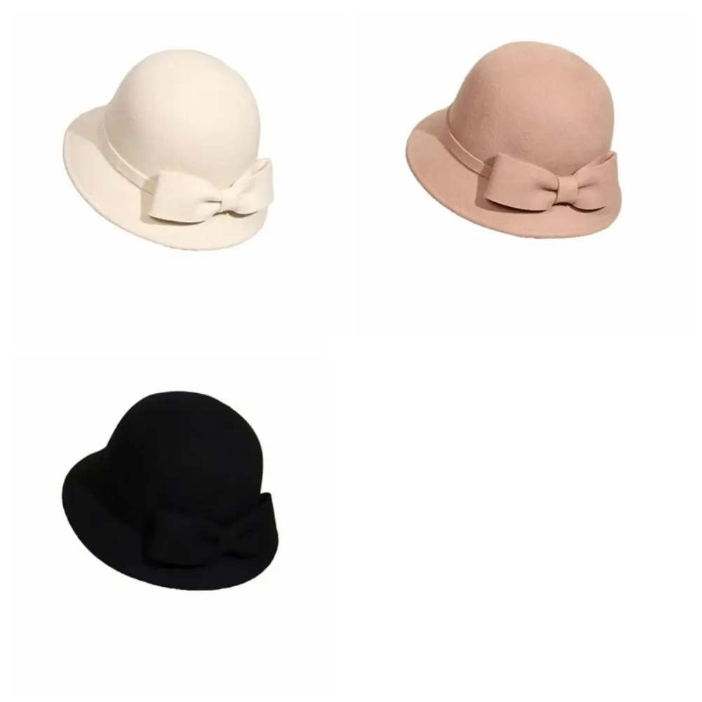 Fashion Solid Color Bow Topper Hat Keep Warm French Style Women Fisherman Hat Black Flat-top Woolen Bucket Hat Lady