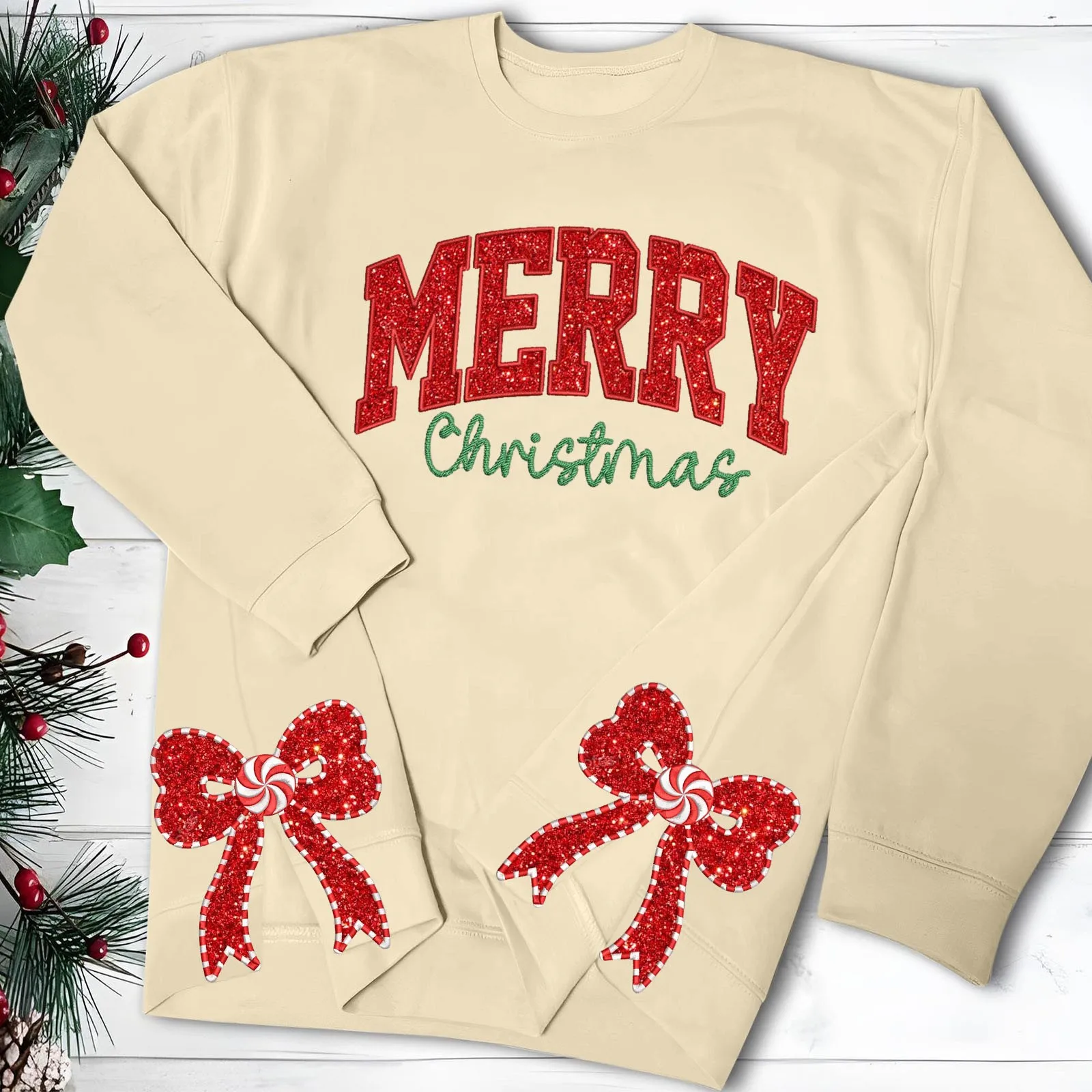 New Merry Christmas Sweatshirts Women Side Bow Applique Sweatshirt Oversize Sweatshirts Crew Neck Long Sleeve Pullover Top Women