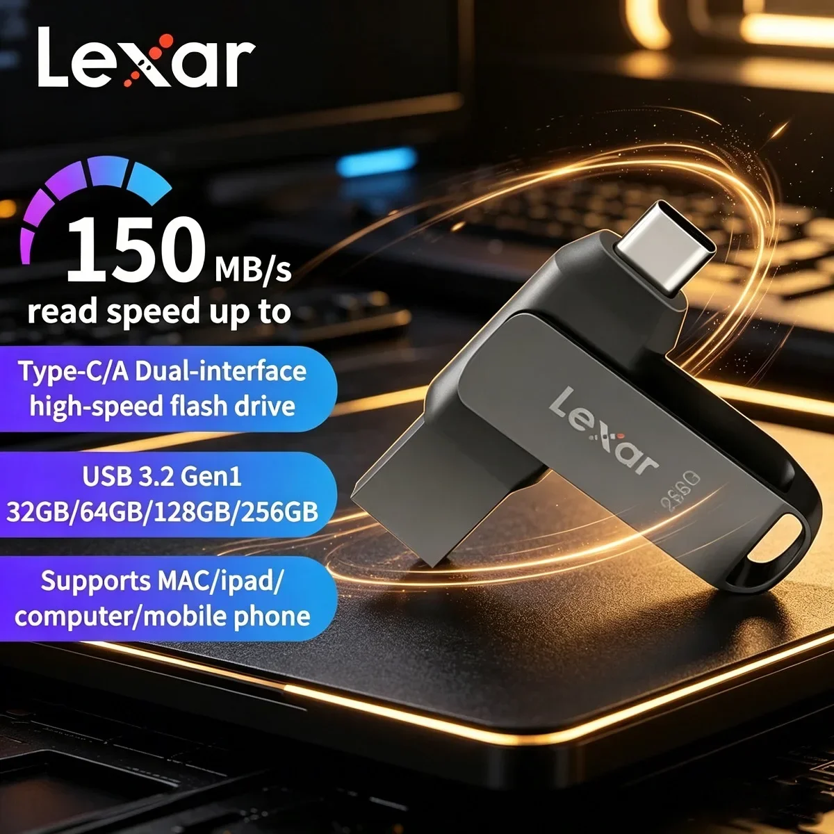 Lexar D400 32GB 64GB 128GB 256GB USB 3.1 Type-C Metal Flash Drive Dual Port 130MB/s Mobile Phone Computer