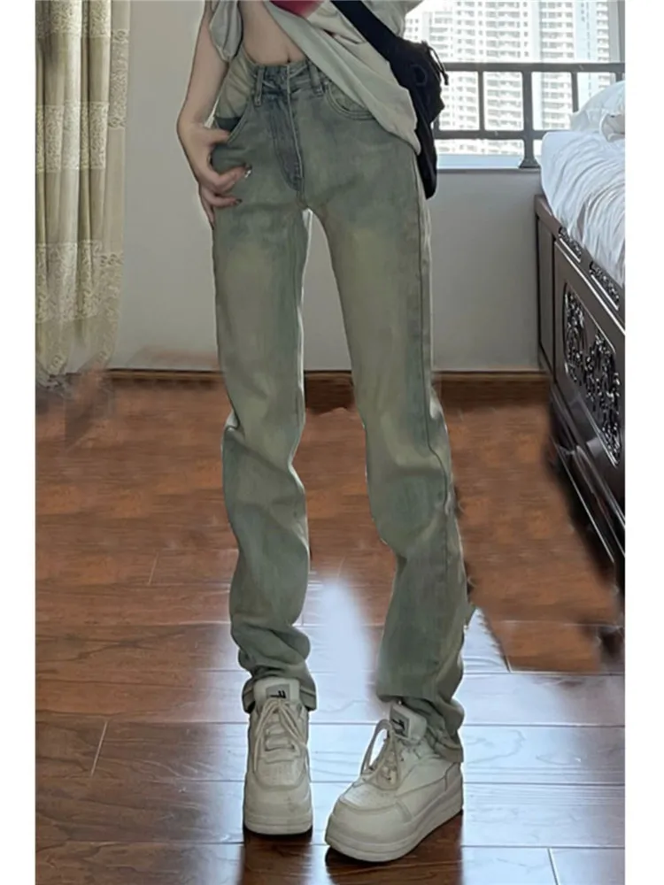 

Extended Size Yellow Clay Dyed Jeans Women's Spring Autumn High Waist Slimming Washed Vintage Straight Leg Narrow Pants