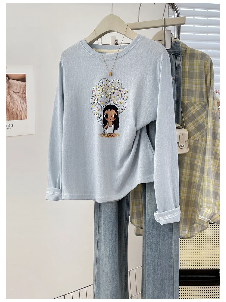 Elegant Long Sleeve T-Shirt Women's Cartoon Print Heavy Beading High-End Feeling Casual Style Cotton Blend Thin Autumn Top