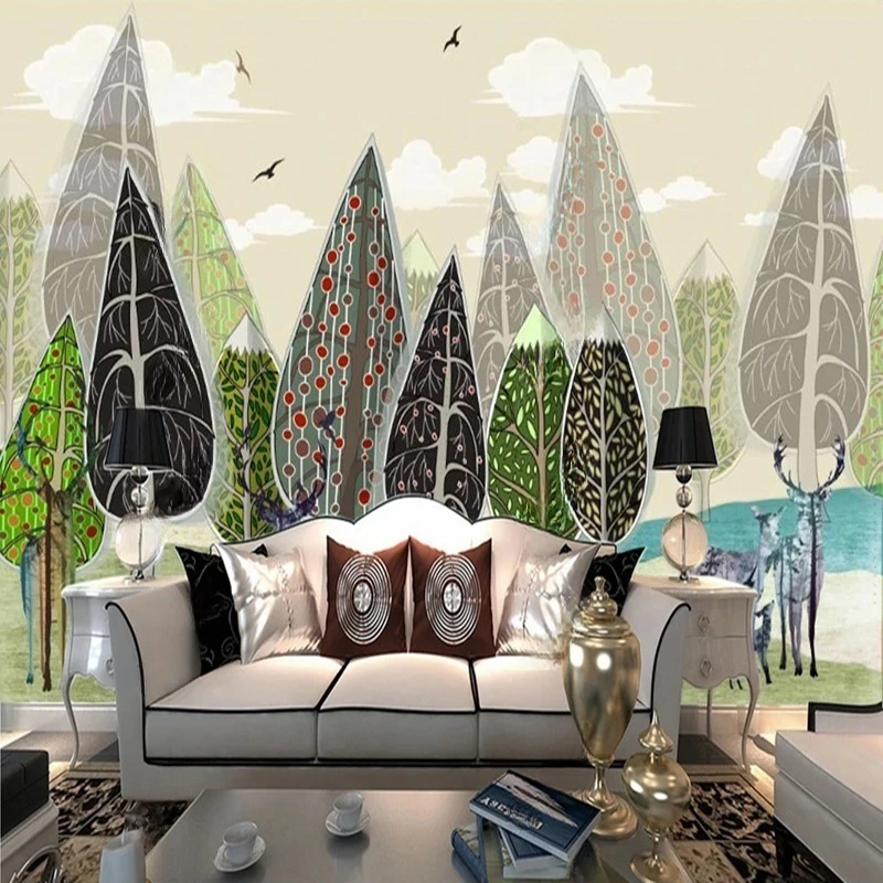Nordic Style Abstract Hand-painted Forest Elk Landscape Custom Wallpaper Living Room Bedroom Children's Room Wall Decor Mural