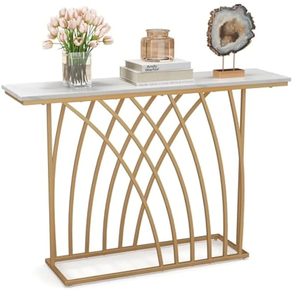 

48” Gold Console Table, Modern Entryway Table with White Faux Marble Tabletop, Geometric Base, Narrow Long Couch Table, Behind