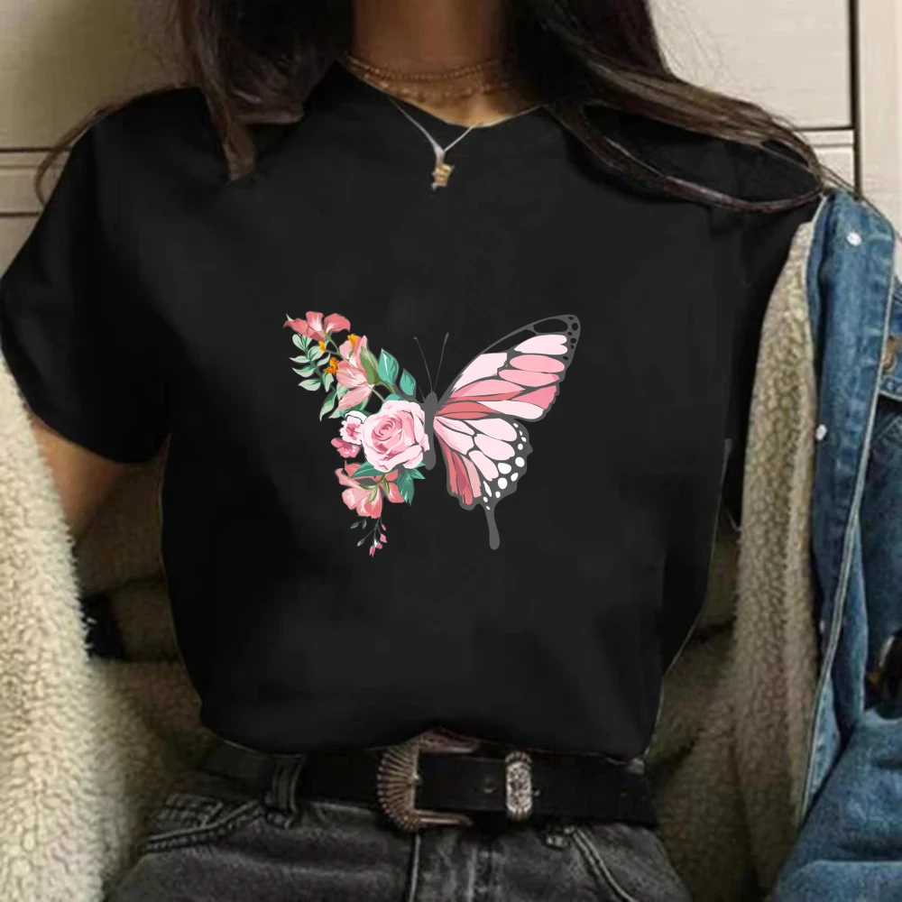 Vintage Distressed Butterfly Rose T-Shirt, Pink Floral Graphic Cotton Short Sleeve Tee Retro Casual Top  Kawaii Clothes T-shirts