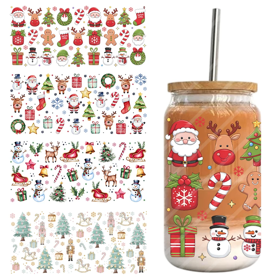 4 Niedliche Weihnachts-Santa-Claus-DIY-UV-DTF-Transferaufkleber für 16oz Libbey-Gläser, Becher, Tumbler, Kaffeetassen, Weihnachts- und Winterdekoration