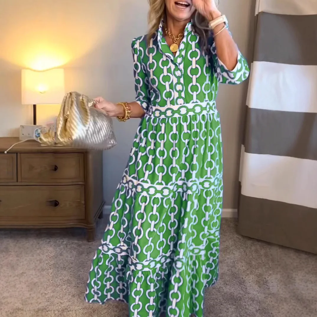 تنورة طويلة مطبوعة هندسية Dr Ele مستديرة Ne عبر الحدود لربيع وصيف ميدي Dr محبوكة من نسيج البوليستر على شكل حرف a #3