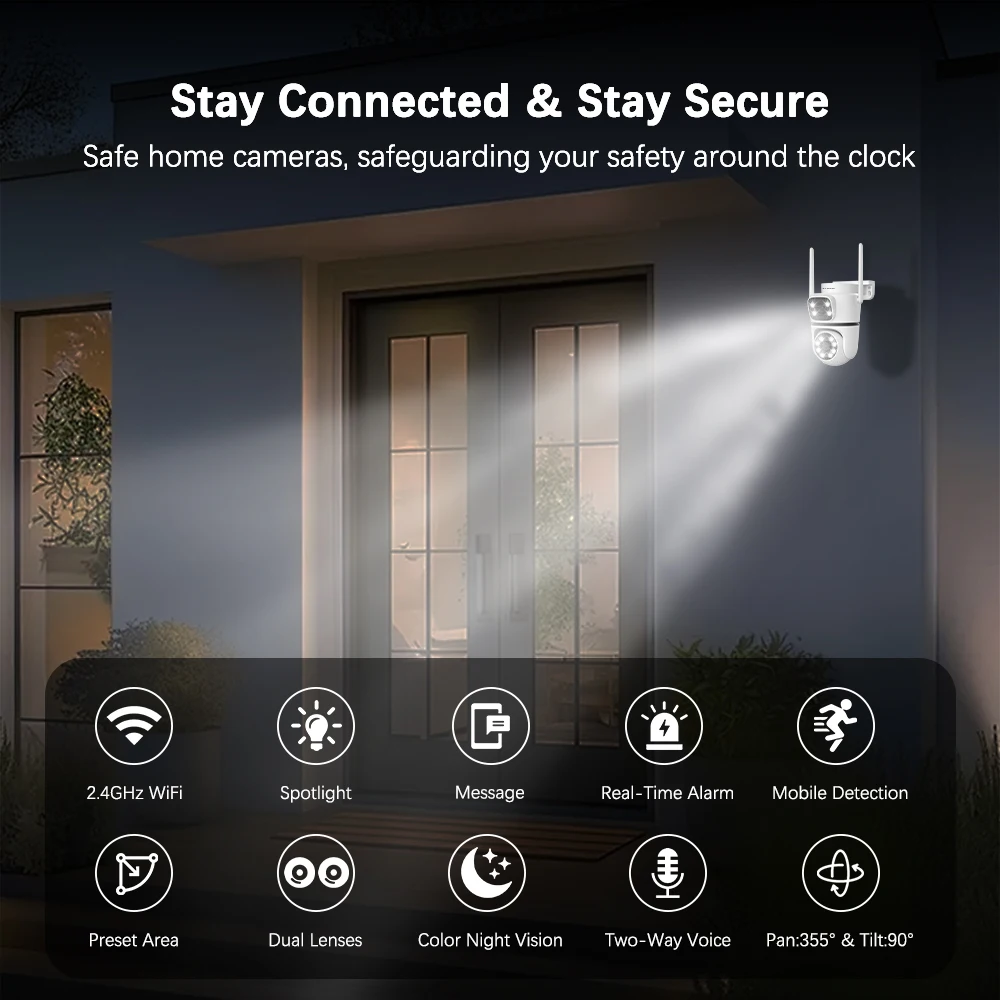 Wireless Smart Outdoor Dual Lens Security Camera, PTZ 355° View Surveillance System, NO Support SD Card