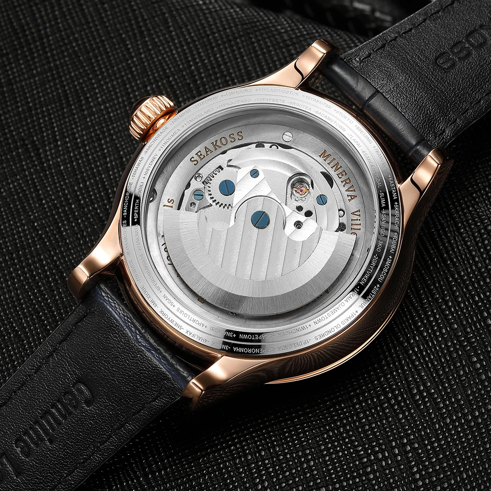 SEAKOSS شمال جنوب نصف الكرة الرجال ساعات أوتوماتيكية الدورية المزدوج الأرض حزام من الجلد الذكور ساعات المعصم الميكانيكية الموضة