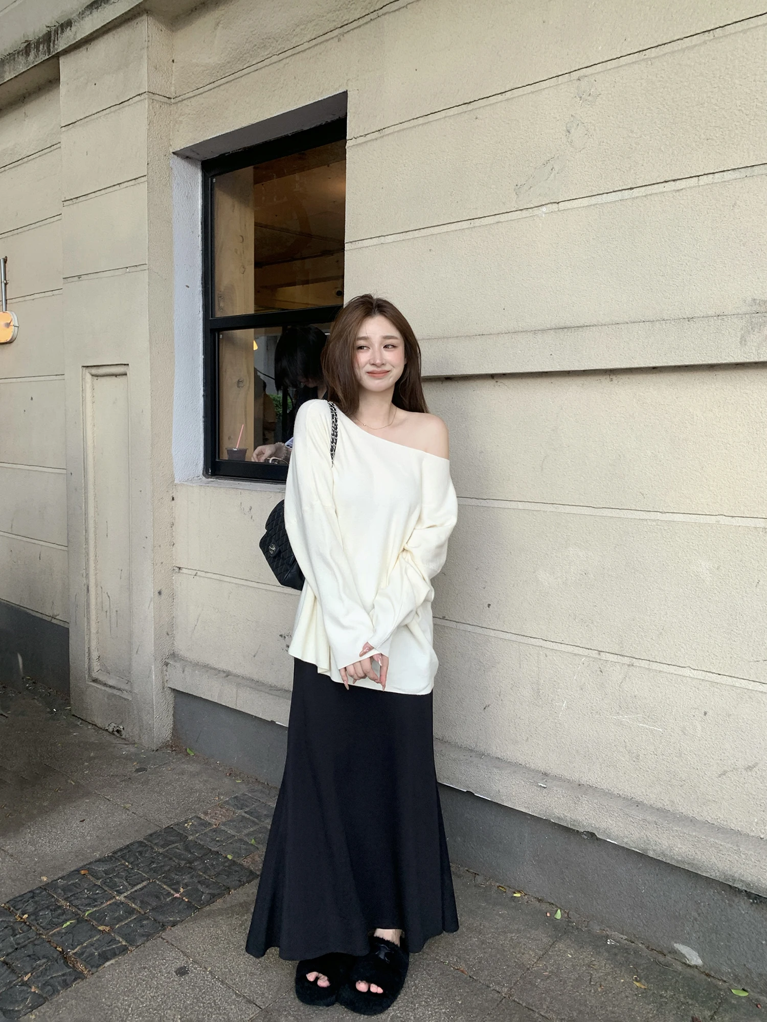 

Уютный теплый осенний свитер-топ AnywaysBetterMe Lazy Sle Pure Color Loose Long Sleeve Knitted Shoulder Bared Sweater