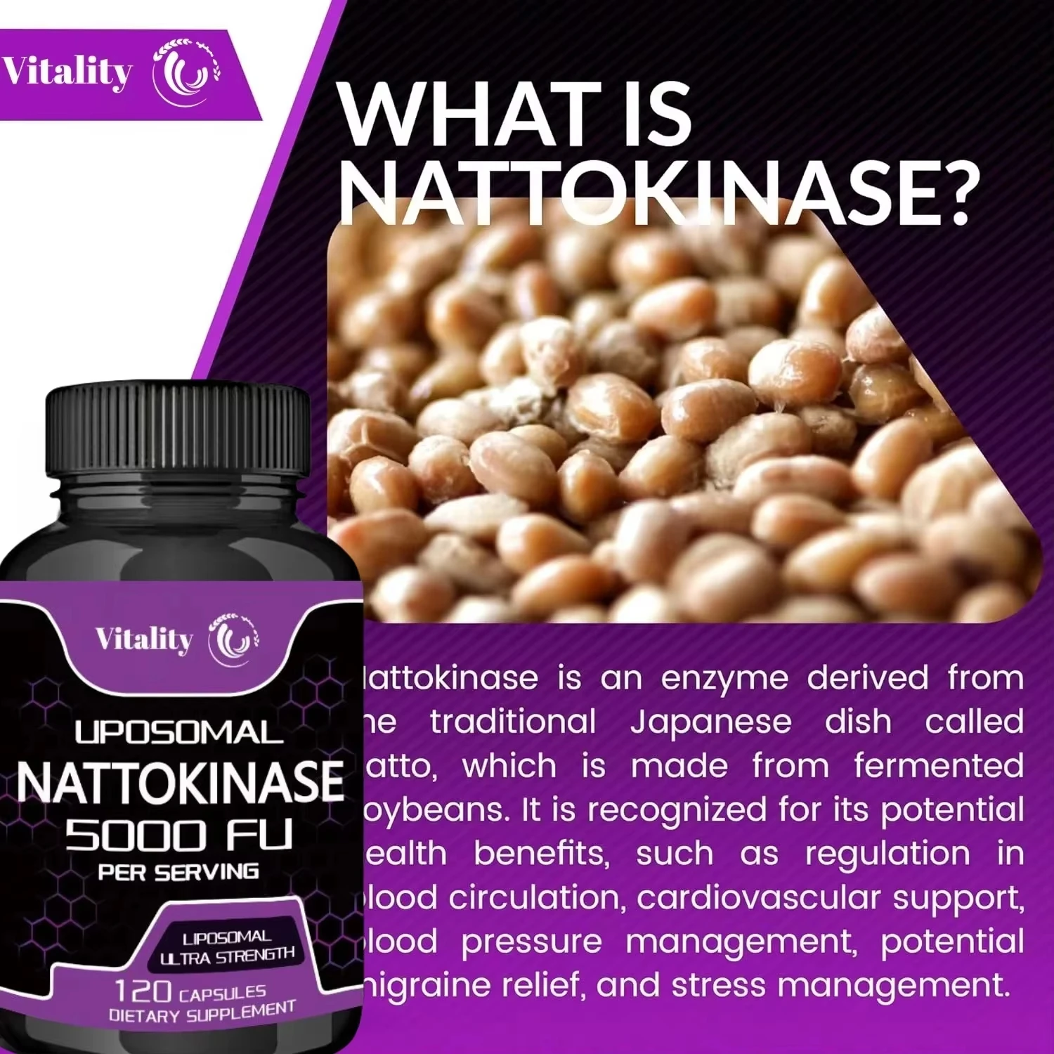 كبسولات حيوية Nattokinase المكملية -5000 فائق التوهج - تركيبة غنية بالإنزيم لمكملات صحة القلب وتنظيم الدم