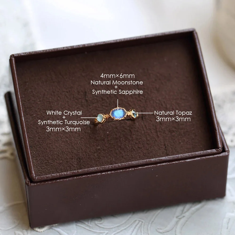 LAMOON 925 Silver Vintage Mysterious Lake Bijou Ring For Women Moonstone Synthetic Sapphire 14K Gold Plated Fine Jewelry LMRI148