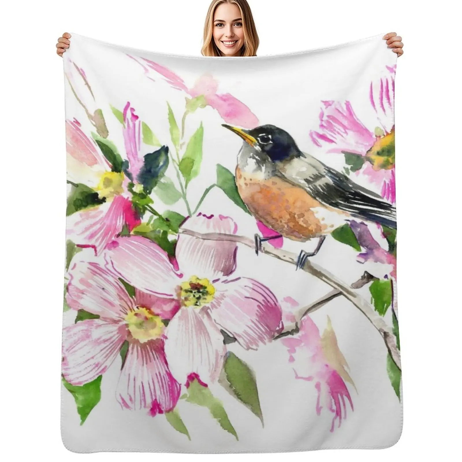 American Robin and Dogwood Flowers Throw Blanket Plaid Thins Picnic Sofa Thermal valentine gift ideas Blankets