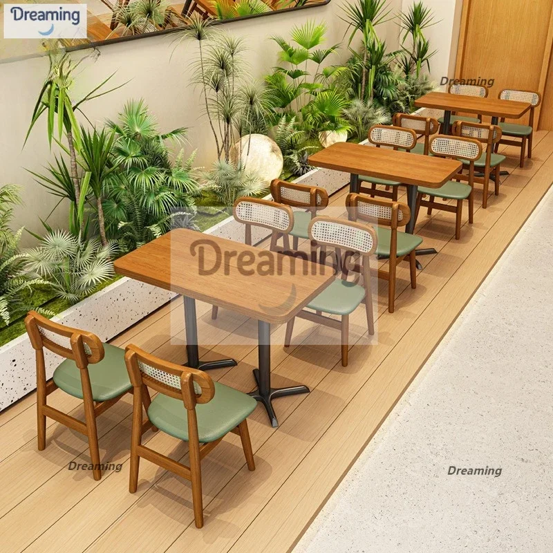 

Hot pot chain restaurant rattan table and chair combination theme tea Chinese cafe card seat so