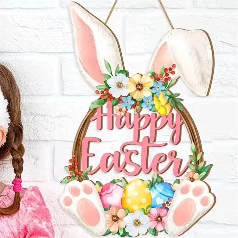 Happy Easter Wooden Door Hanger - 2D Flat Egg-Shaped Wreath with Bunny Paws, Colorful Eggs & Spring Flowers, Perfect Easter Gift