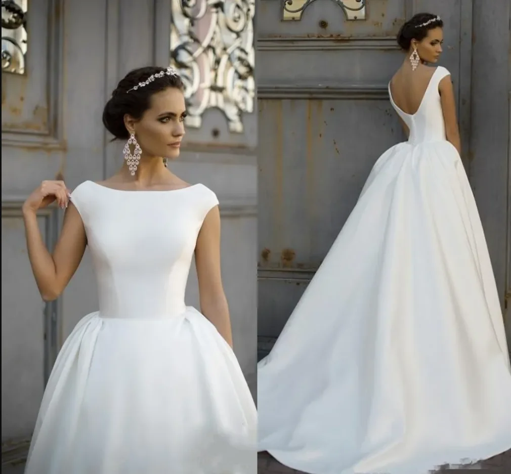 

robe de mariee 2025 Vintage Boat Neck Satin Wedding Dress Backless Button A-line Princess Wedding Dresses Bridal Gowns Train ves