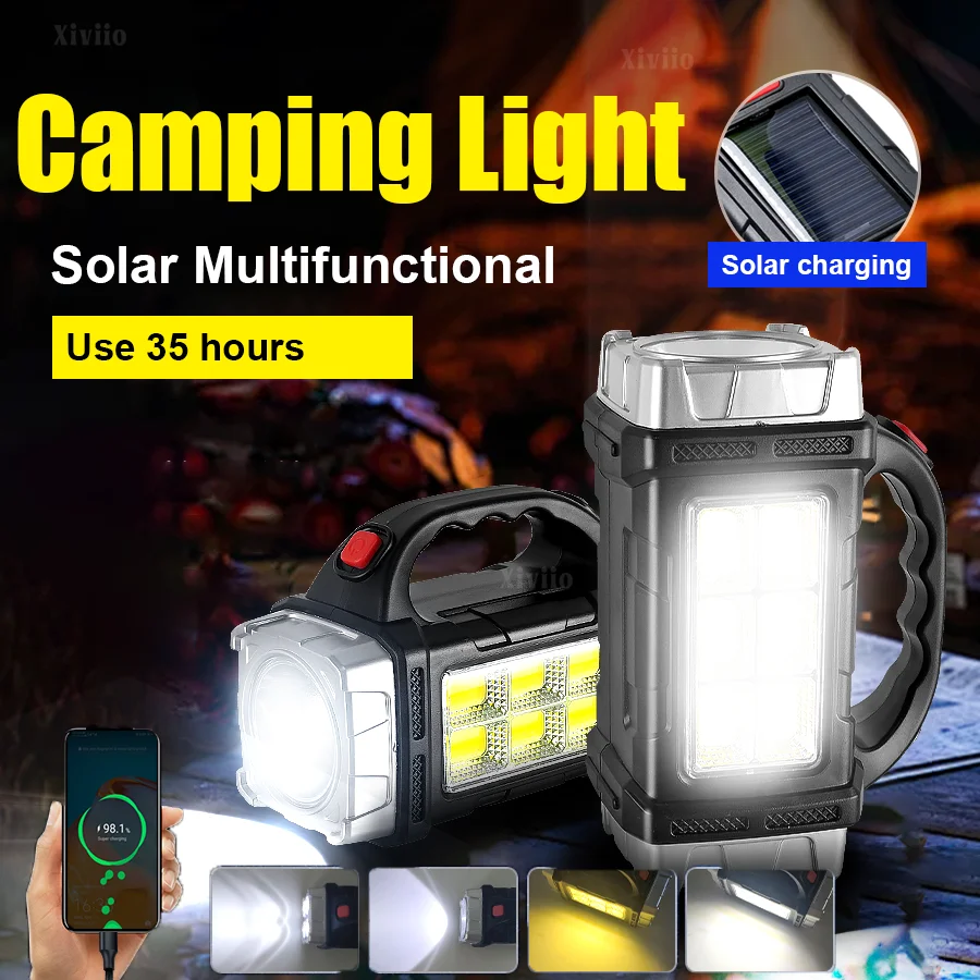 Rechargeable LED Camping Lantern USB Solar Charging Portable Tent Light With 4 Light Modes for Camping Hiking Fishing Flashlight
