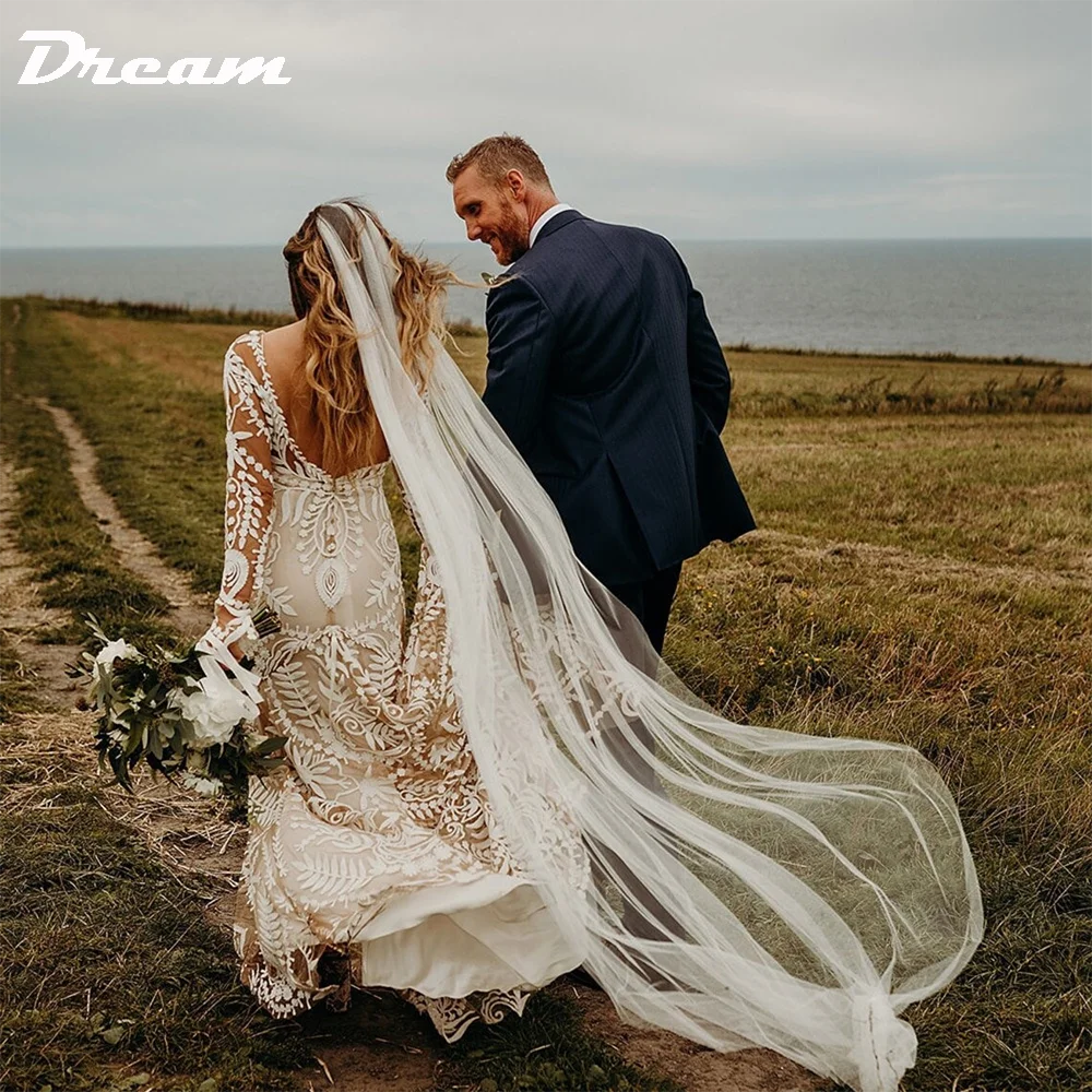 DREAM Customized Lace Boho Wedding Dresses Long Sleeves Illusion Elopement Mermaid Elegant Bridal Gown Beach Bohemian Dress 2024