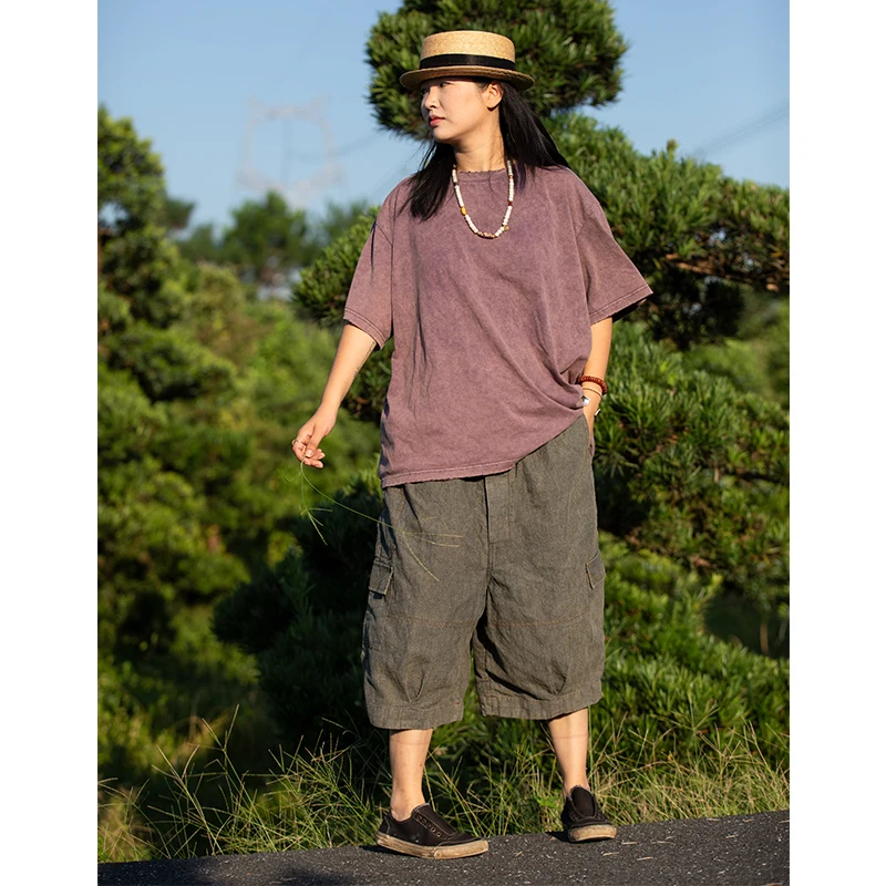 

Artistic Cotton Linen orts Simple Worn-look Seven-eighths Pants High Waist Straight Cut Thin Model High Waist orts