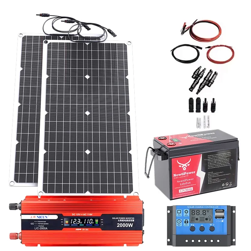 2000W off-grid zonne-completekit-voeding met 100A MPPT-controller, 110V 220V omvormer en 10AH 30AH LiFePO4-batterij voor thuis/camper/kamperen