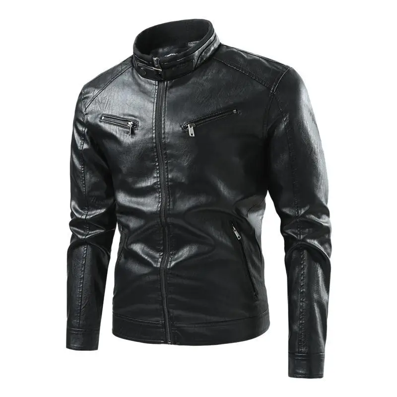 Spring Autumn Men's Elegant Stand Collar Striped PU Leather Jacket Business Double Zipper Plus Size Motorcycle Leather Coat