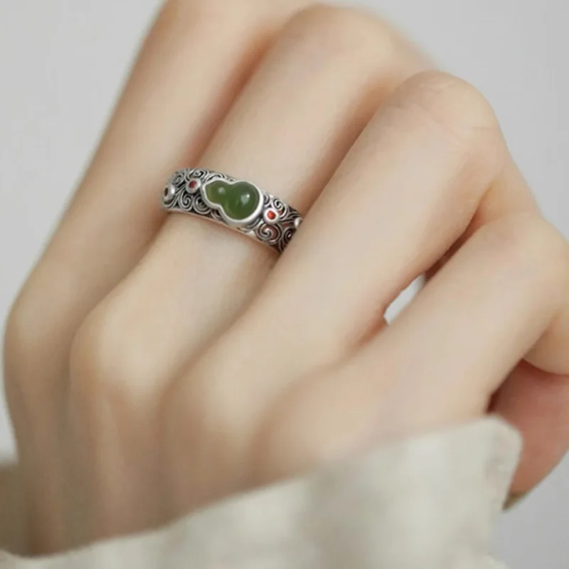 DIY accessories Lucky jasper auspicious cloud gourd ring women's new niche ethnic style retro silver ring national style Fulu op
