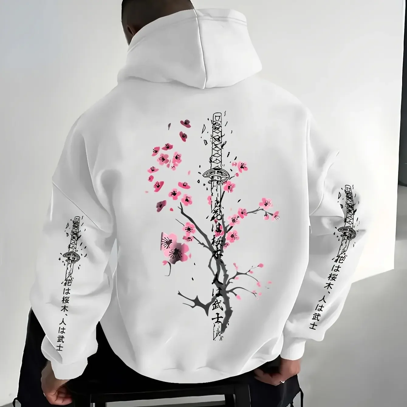 Warrior Street Men's Hooded Sweatshirt with Cherry Blossom Branches and Samurai Sword Graphic Print, Casual Hooded Shirt