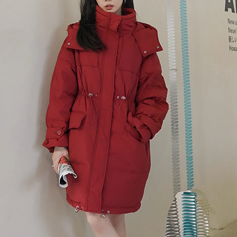 New Drawstring Waist Thin Down Jacket Women White Duck Down Thicken Hooded Medium-length Puffer Jacket Fashion Loose Women Coat