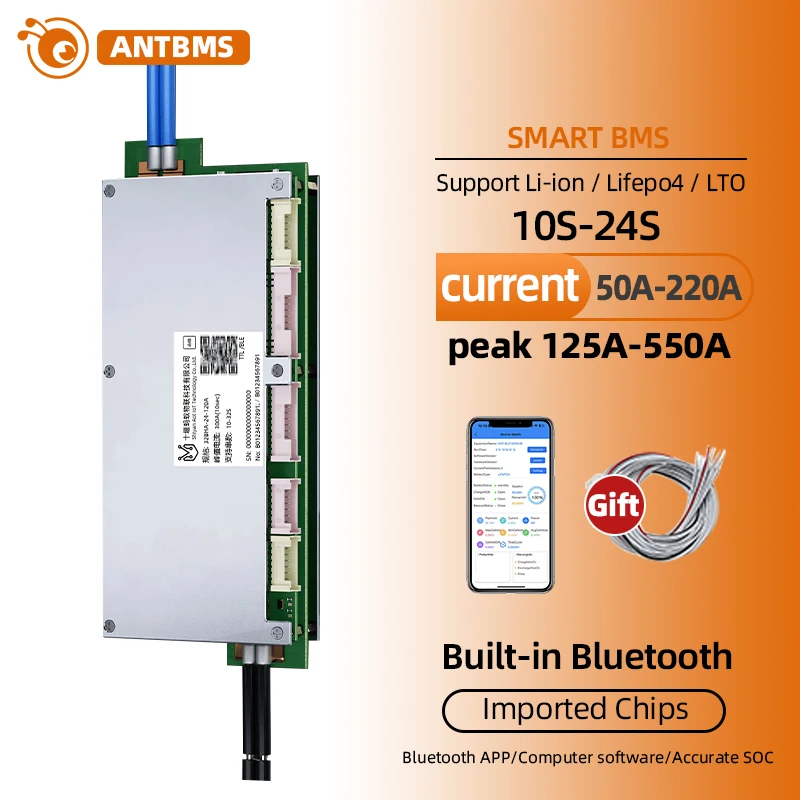 ANTBMS 50A 120A 220A 10S-24S 36V 48V Double-layer Design Smart BMS Built in Bluetooth with equalization function BMS 13S 14S 20S