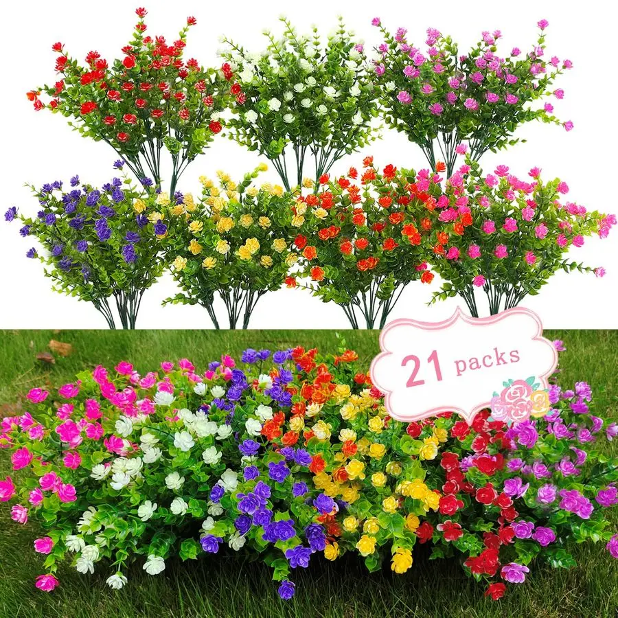 

Bundles Outdoor Faux Plants UV Resistant Faux Bushes Plastic Artificial Flowers Fake Outdoor Plants for Home Garden Decor 7 Colo