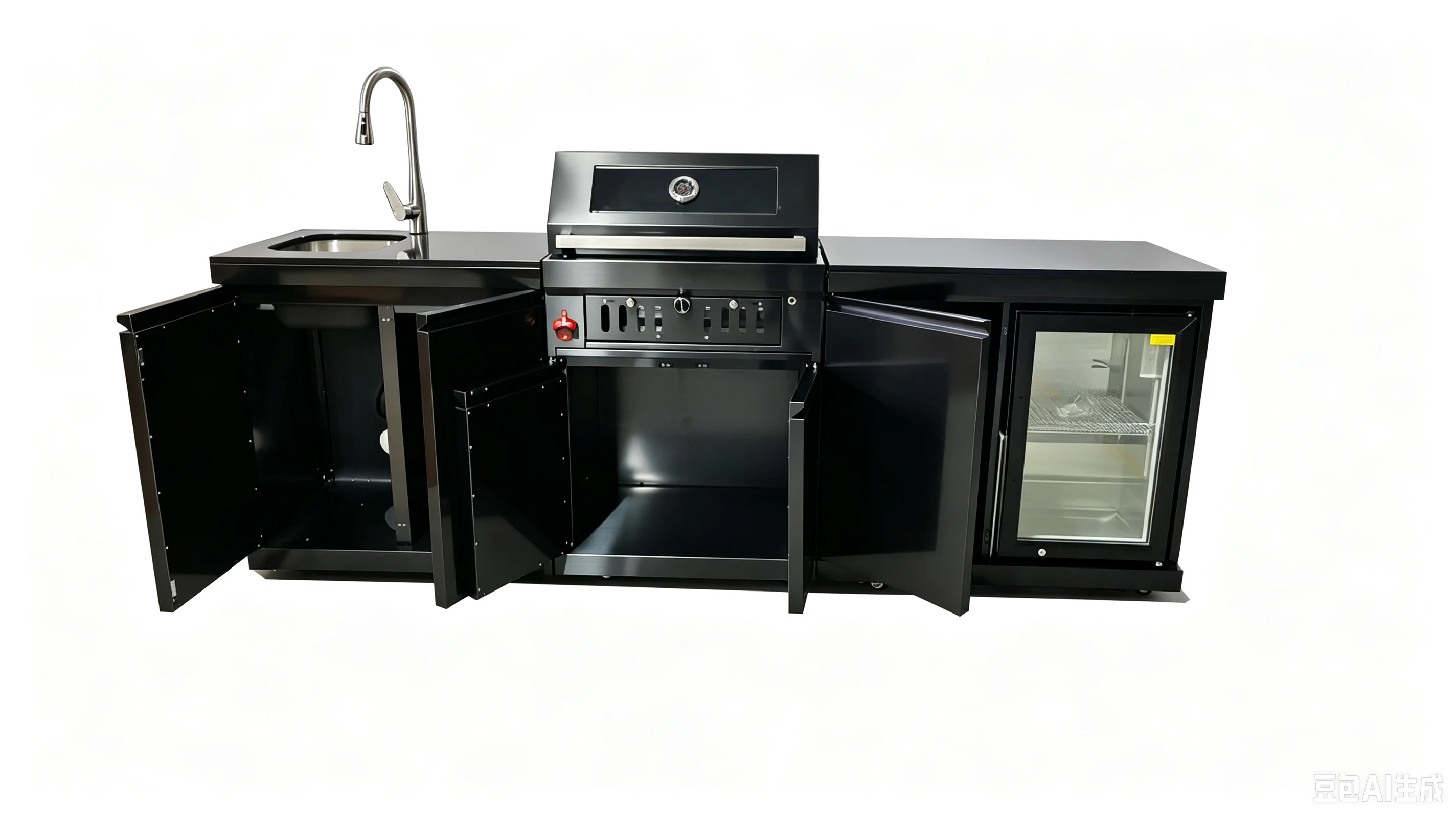 3-in-1 Black Stainless Steel BBQ Grill, Movable Outdoor Cooking Station with Refrigerator and Sink for Garden