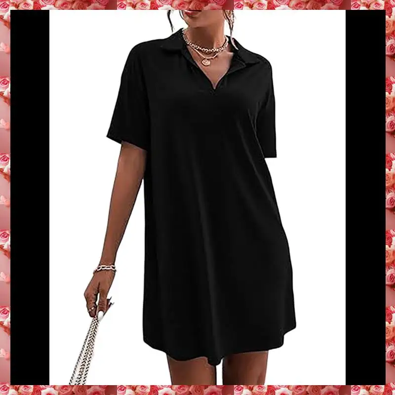 فستان نسائي صيفي برقبة على شكل حرف V صيفي بأكمام قصيرة وفضفاض غير رسمي بياقة تي شيرت