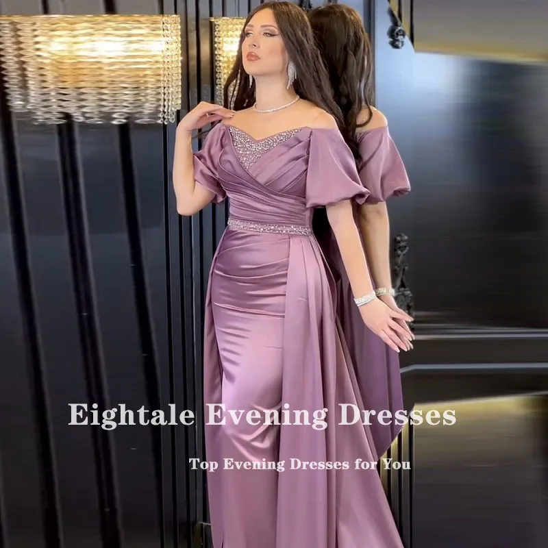 Eightale Arabic Evening Dresses Beaded with Pearls Short Sleeves Mermaid Prom Party Gown Luxury Wedding Robes De Soirée