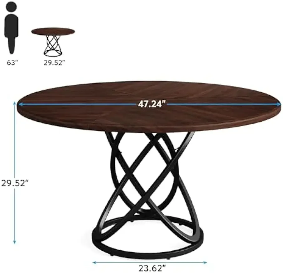 Round Dining Table for 4-6 People, 47 Inch Dinner Table Circle Kitchen with Metal Base, Wood Dining Room