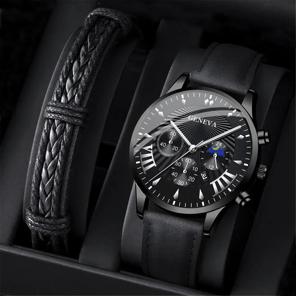 

2PCS Set Fashion Mens Sports Watches Man Business Leather Bracelet Quartz Watch Luxury Men Casual Calendar Clock Reloj Hombre