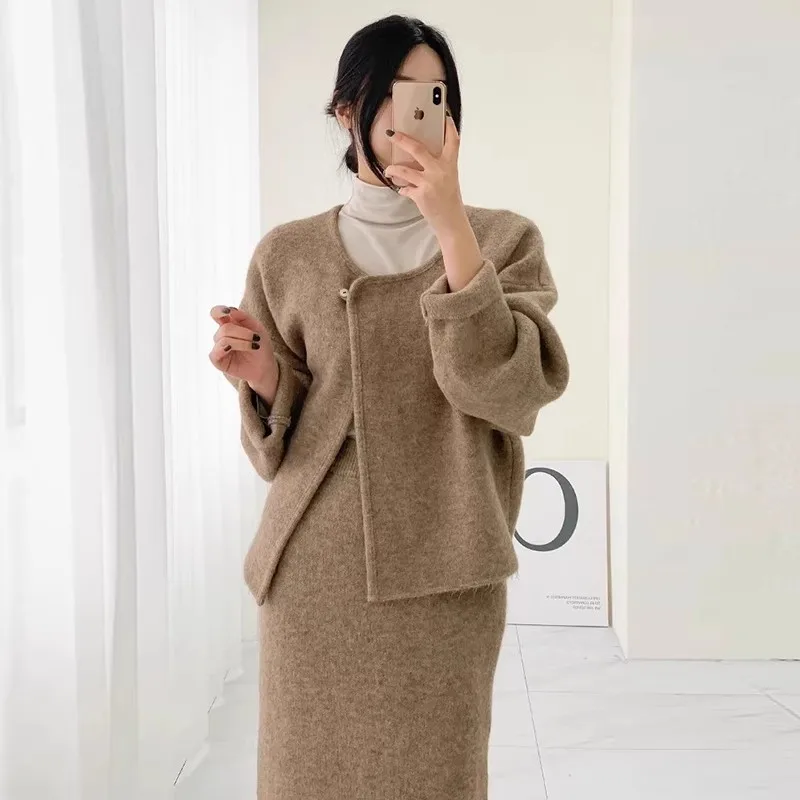 Clothland Women Jacket Skirt Suit One Button Long Sleeve Coat Sheath Midi Skirts Office Wear Thick Fashion Two Piece Set TA528