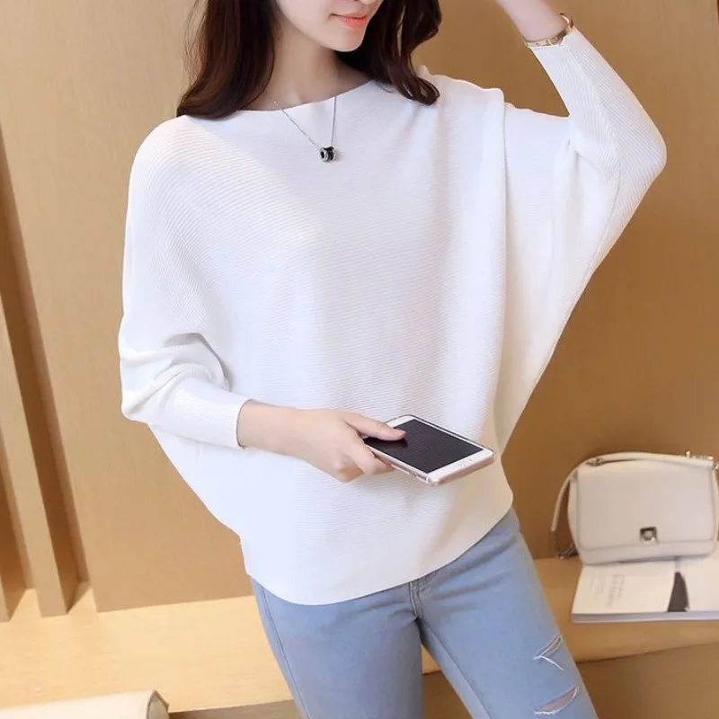 Women\'s Solid Color Pullover One Line Neck Sweater 2023 Autumn and Winter Korean Bat Sleeve Knitted Fashion Office Lady Tops