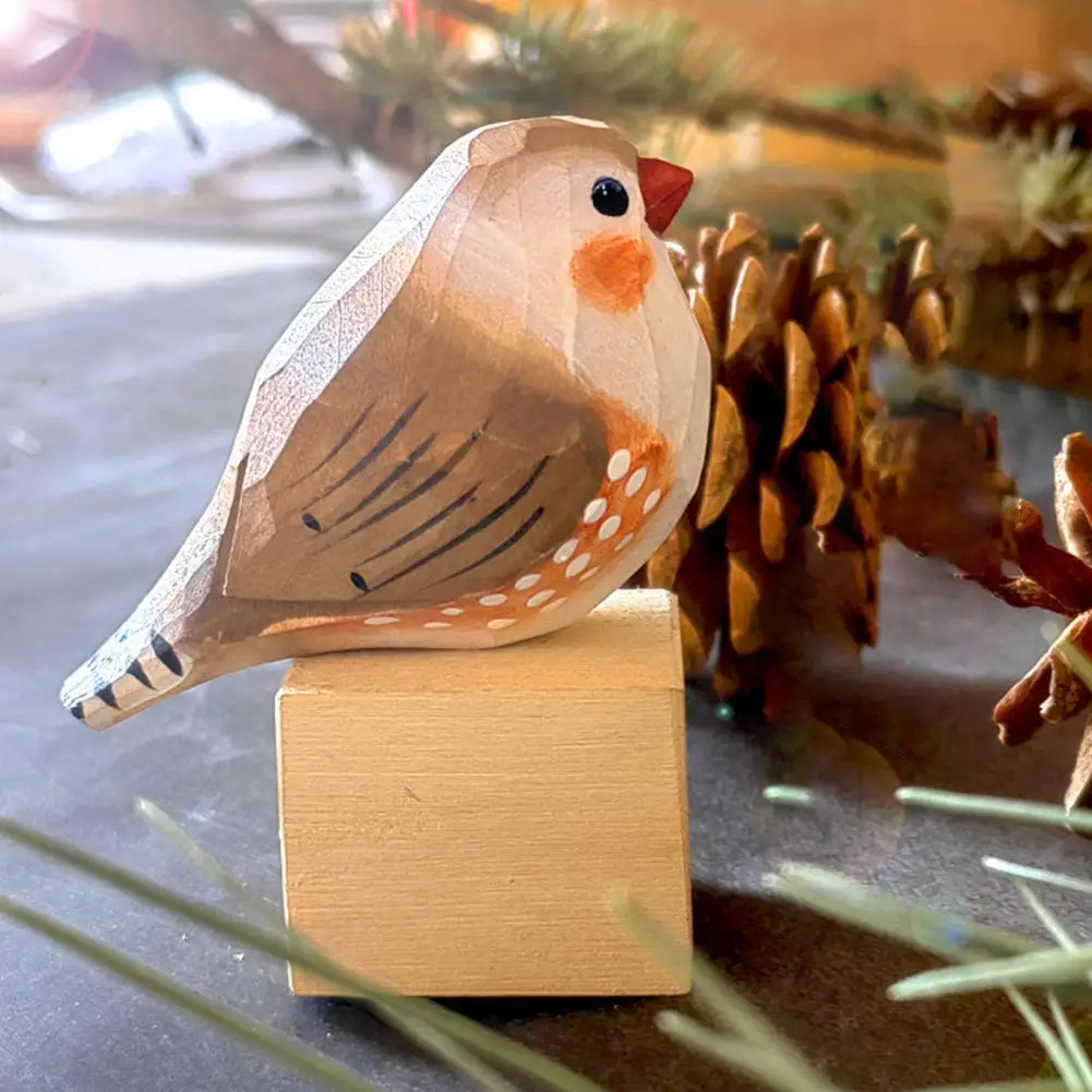 Adorno de pájaro de escritorio, decoración de pájaro de madera, figura de pájaro de madera tallada a mano, estatua pintada de pinzón cebra, pequeña y rústica para el hogar