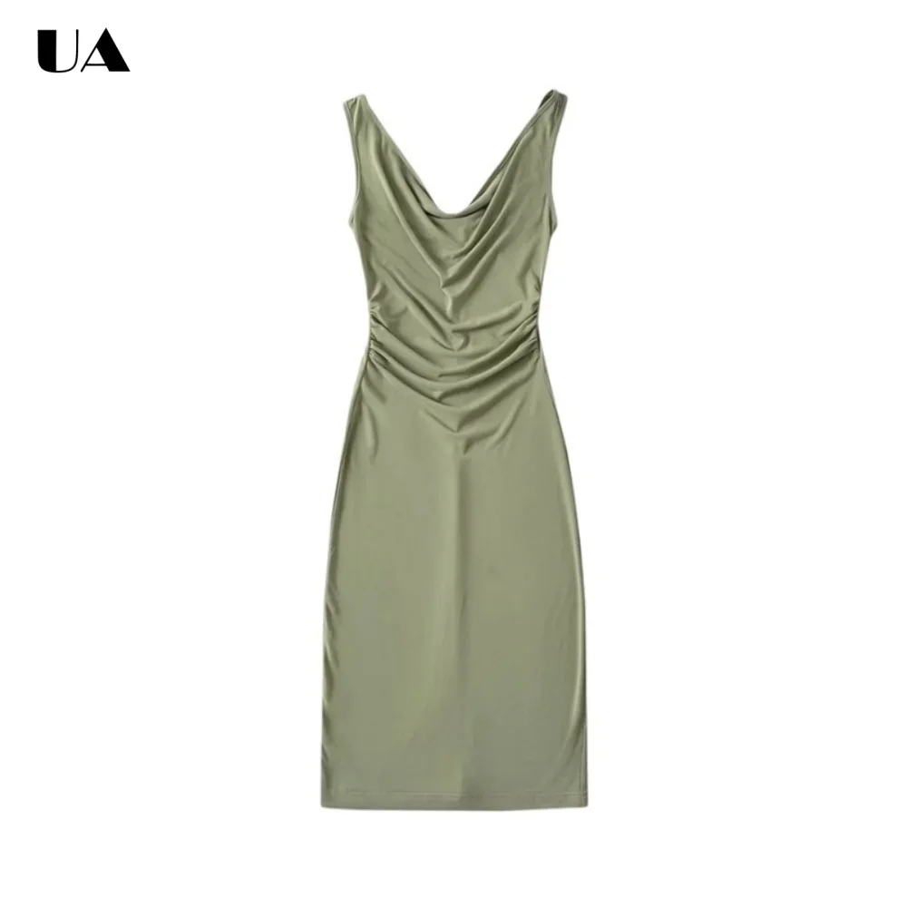 

Модное однотонное платье-футляр миди с воротником-стойкой, элегантное длинное платье без рукавов для женщин, трендовое драпированное вечернее платье на молнии