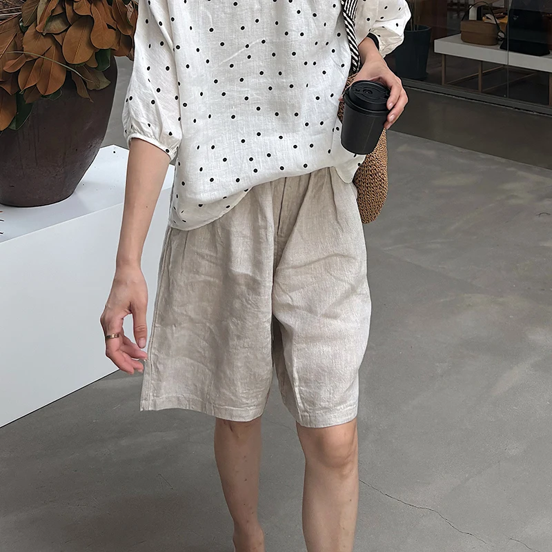 

Spring Summer New Women's Loose Fit Pure Linen Trousers Mid-Century Sle Casual Pants Comfortable l Waist Elastic Hem