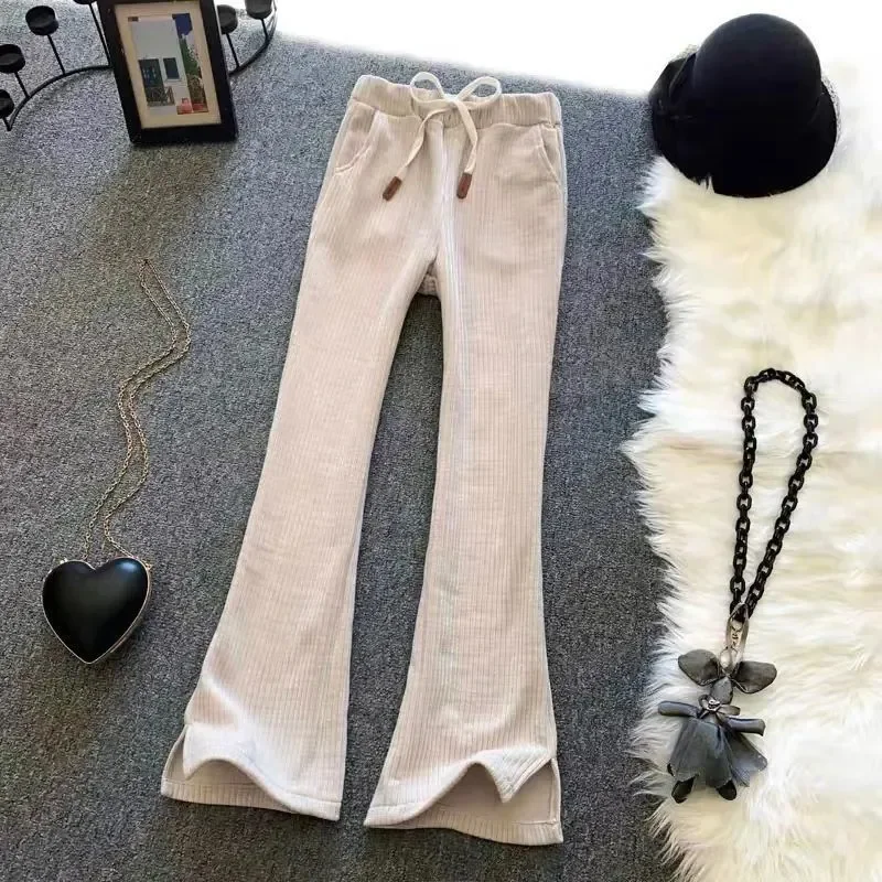 

Stylish Thicken Warm Women Corduroy Flare Trousers Autumn Winter High Waist Split Ladies Wide Leg Pants