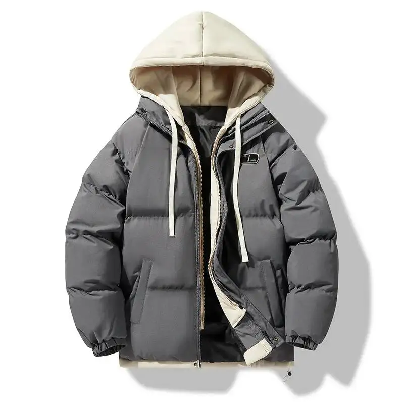Men's Winter Thickened Cotton Jacket Loose Fit Warmth Hooded Coat Youth Fashion Polyester Fiber Zipper Closure Solid Color