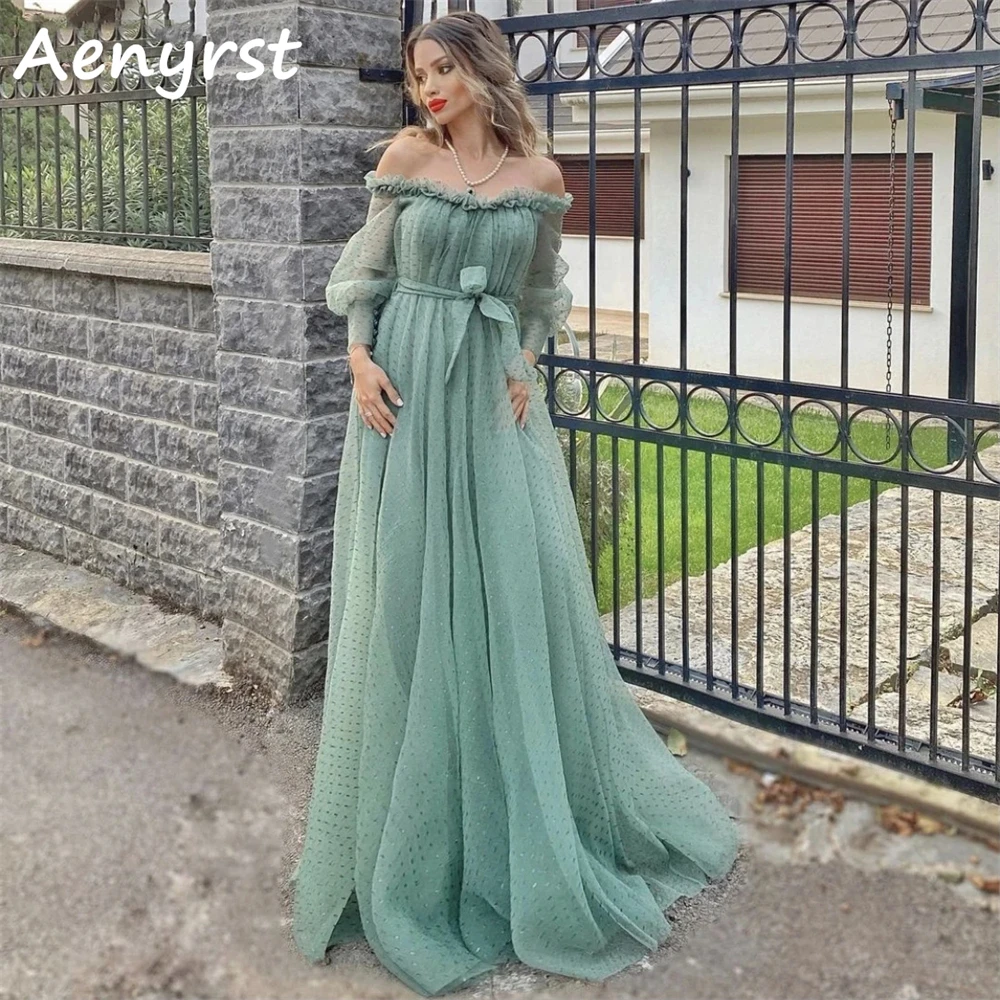 

Женское платье с вырезом лодочкой Aenyrst, зеленое платье с длинными рукавами-фонариками для выпускного вечера, ТРАПЕЦИЕВИДНОЕ Тюлевое платье с открытыми плечами, вечернее платье до пола, вечернее платье